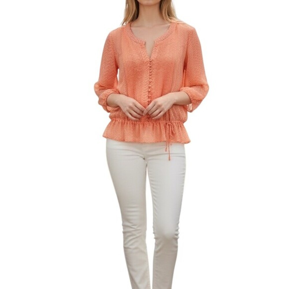 a.n.a. Blouse Womens Large Orange Sheer Chevron Pintuck Peplum 3/4 Sleeve